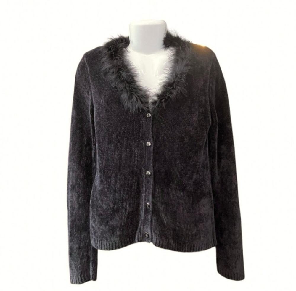 Twiggy Women's Black Knitted Sweater Cardigan w/ Faux Fur Attached Collar Size L